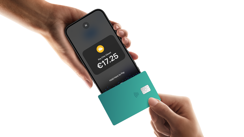 Illustration showing a customer's iPhone being tapped on a VPayments card reader to complete a seamless, contactless payment transaction.